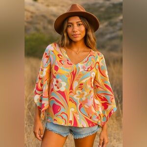 Emily Wonder Hippie Swirl Multicolor Patterned Top 3/4 length bell sleeve. szM